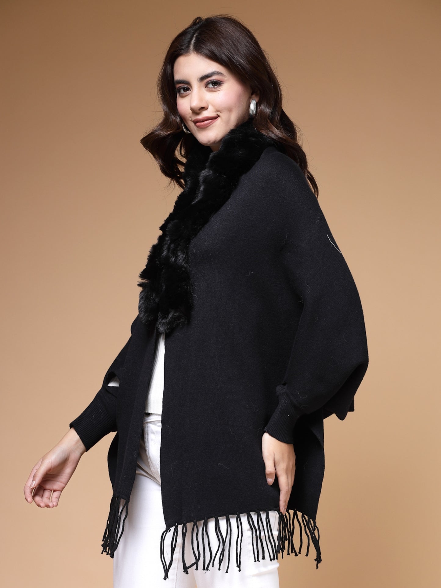 Mafadeny Winterwear Womens Black Fur Detail Fringed V-Neck Longline Poncho