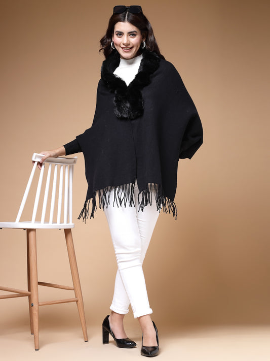 Mafadeny Winterwear Womens Black Fur Detail Fringed V-Neck Longline Poncho