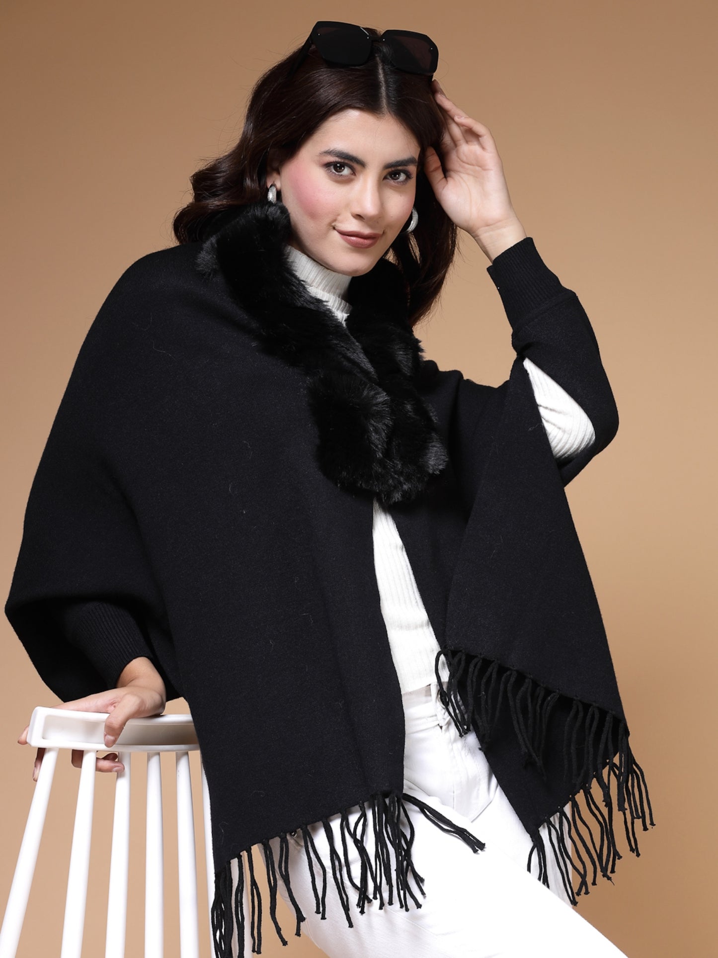 Mafadeny Winterwear Womens Black Fur Detail Fringed V-Neck Longline Poncho