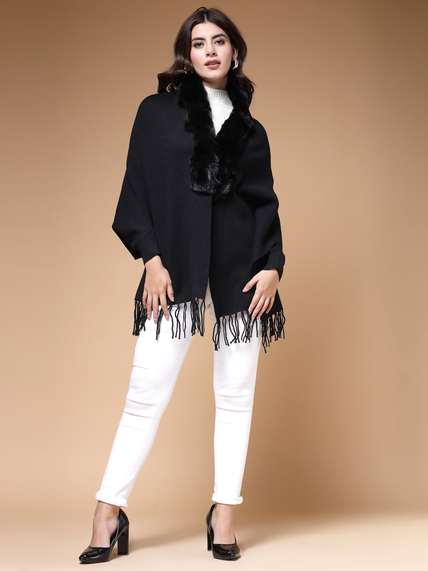 Mafadeny Winterwear Womens Black Fur Detail Fringed V-Neck Longline Poncho