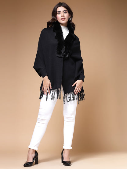 Mafadeny Winterwear Womens Black Fur Detail Fringed V-Neck Longline Poncho