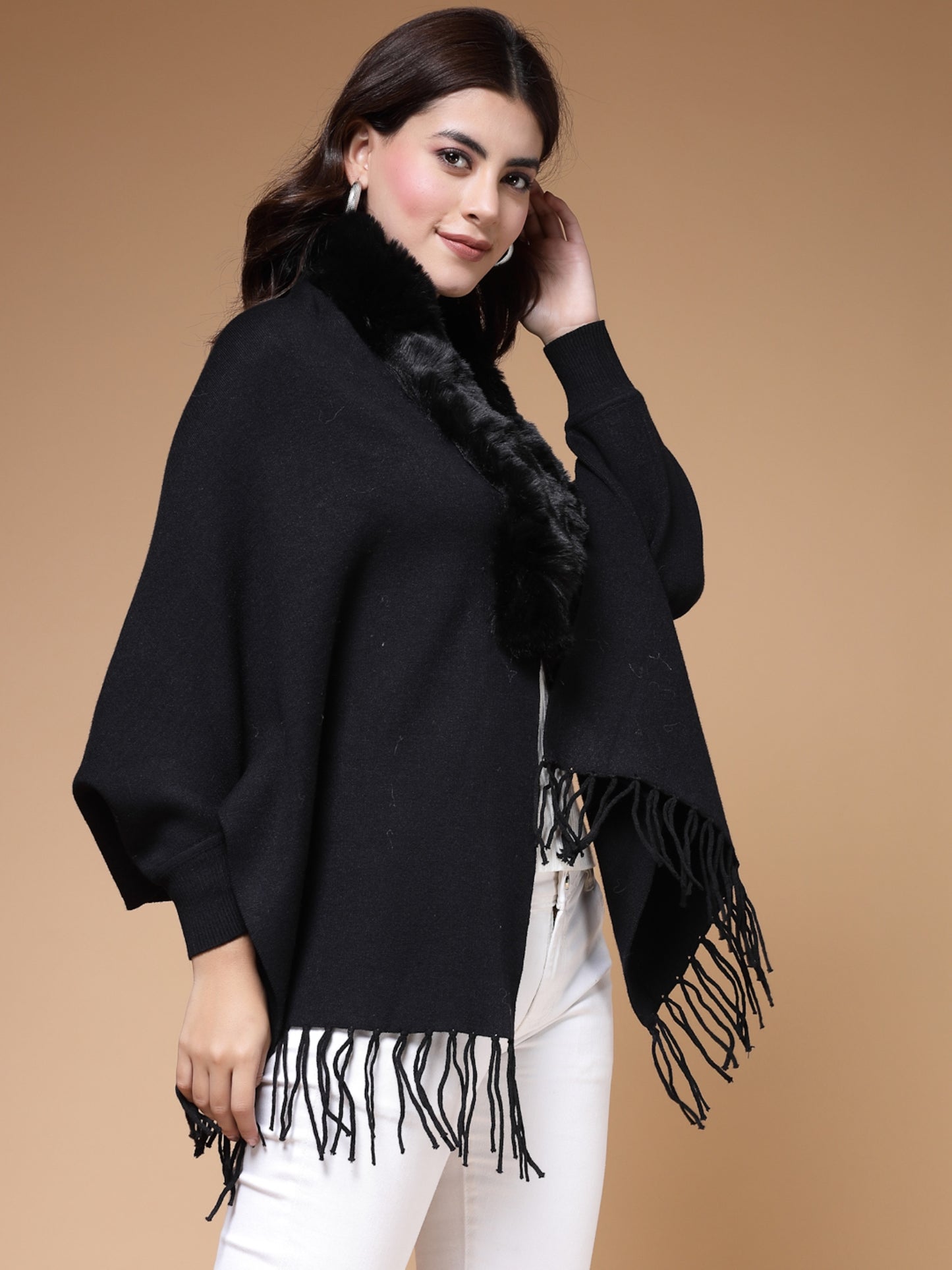 Mafadeny Winterwear Womens Black Fur Detail Fringed V-Neck Longline Poncho