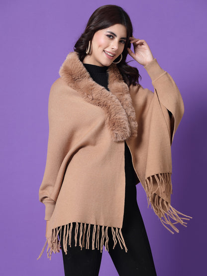 Mafadeny Winterwear Womens Khaki Fur Detail Fringed V-Neck Longline Poncho