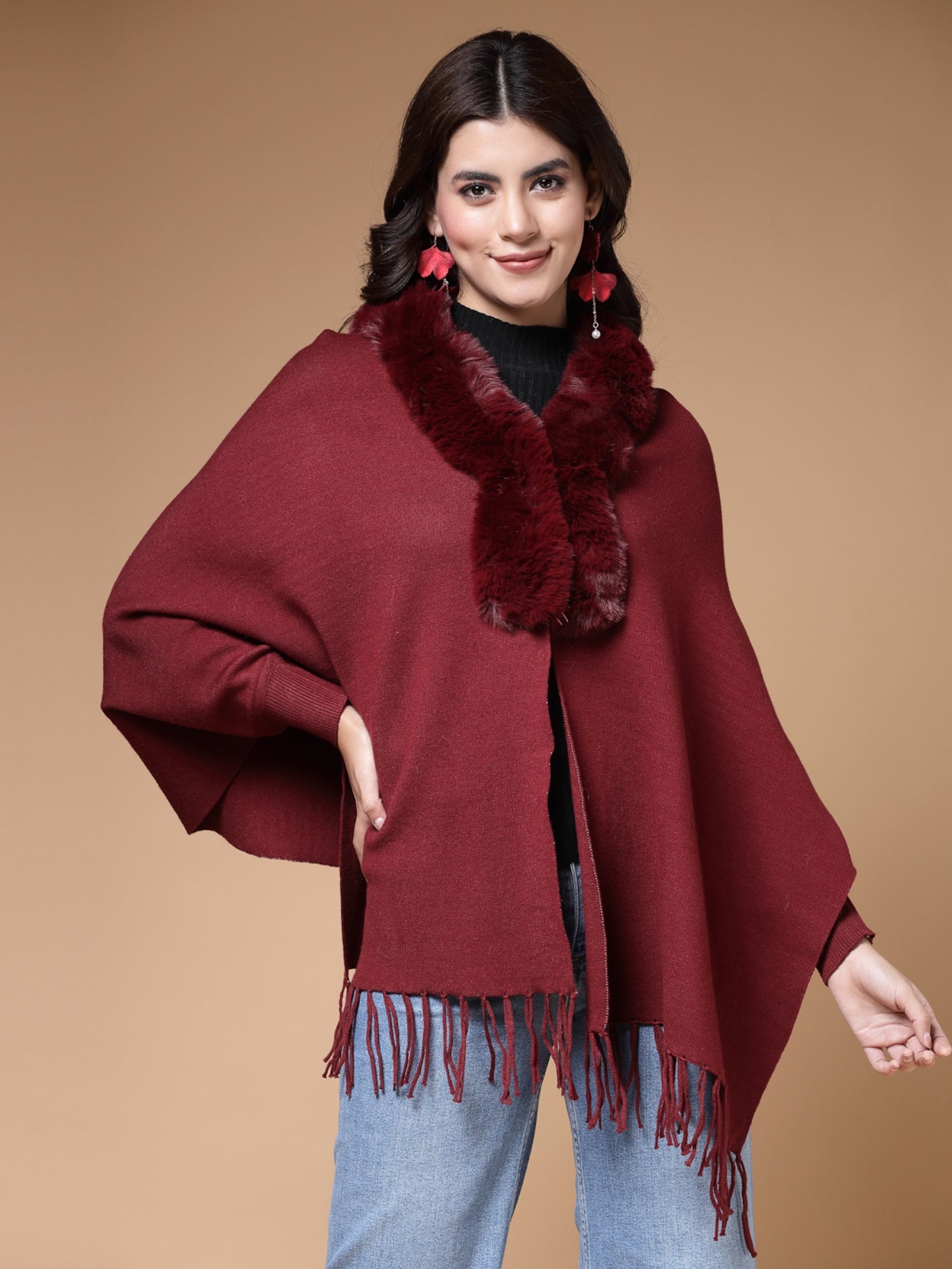 Mafadeny Winterwear Womens Maroon Fur Detail Fringed V-Neck Longline Poncho