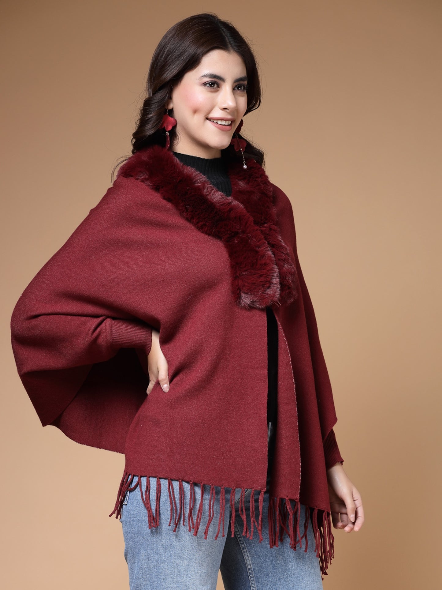 Mafadeny Winterwear Womens Maroon Fur Detail Fringed V-Neck Longline Poncho