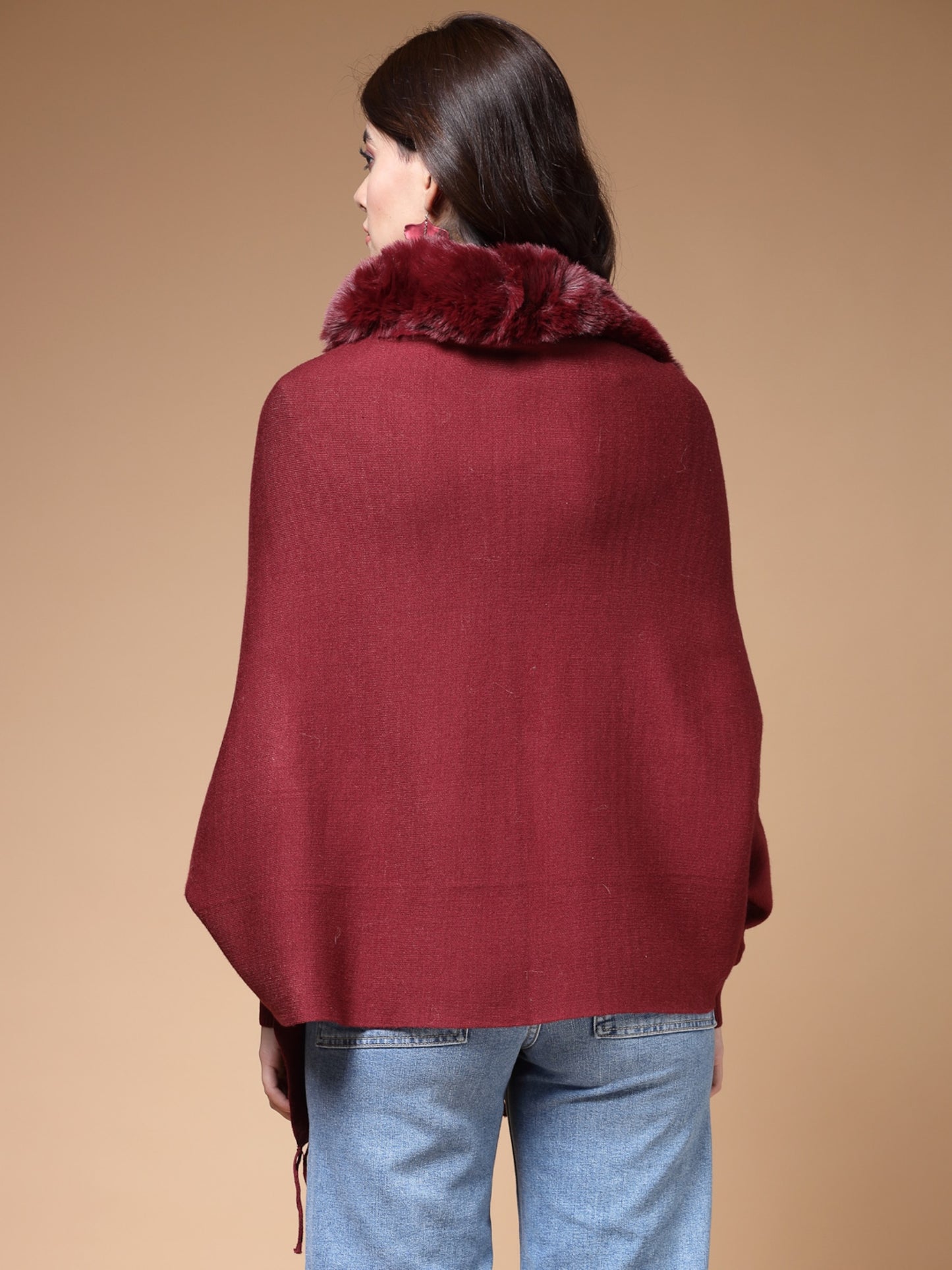 Mafadeny Winterwear Womens Maroon Fur Detail Fringed V-Neck Longline Poncho