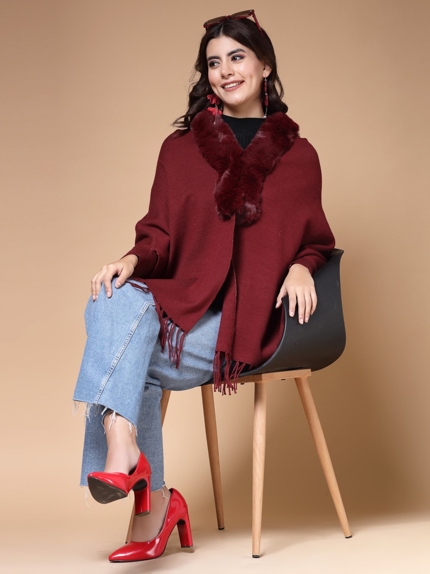 Mafadeny Winterwear Womens Maroon Fur Detail Fringed V-Neck Longline Poncho