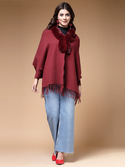 Mafadeny Winterwear Womens Maroon Fur Detail Fringed V-Neck Longline Poncho