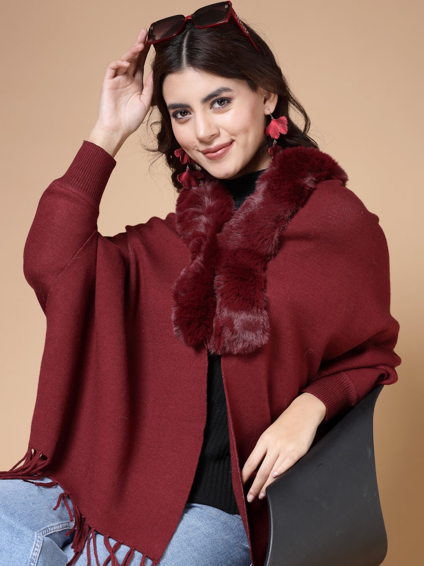 Mafadeny Winterwear Womens Maroon Fur Detail Fringed V-Neck Longline Poncho