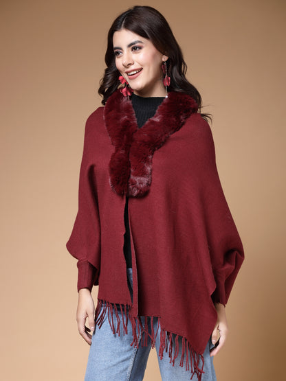 Mafadeny Winterwear Womens Maroon Fur Detail Fringed V-Neck Longline Poncho