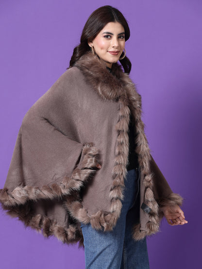 Mafadeny Winterwear Womens Solid Brown V-Neck Longline Poncho