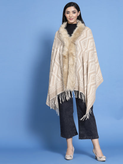 Mafadeny Women Winter Wear Beige Longline Furry Shrug