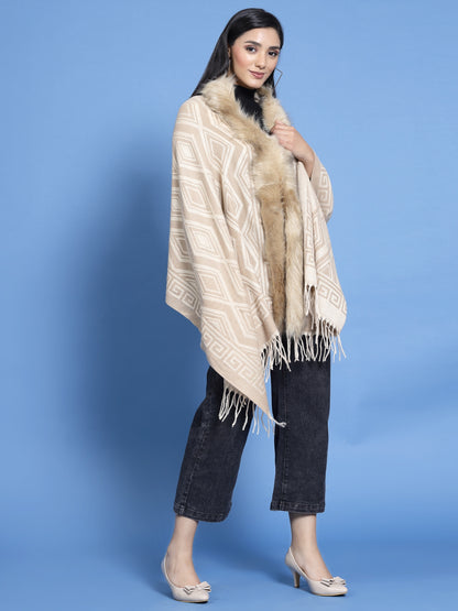 Mafadeny Women Winter Wear Beige Longline Furry Shrug