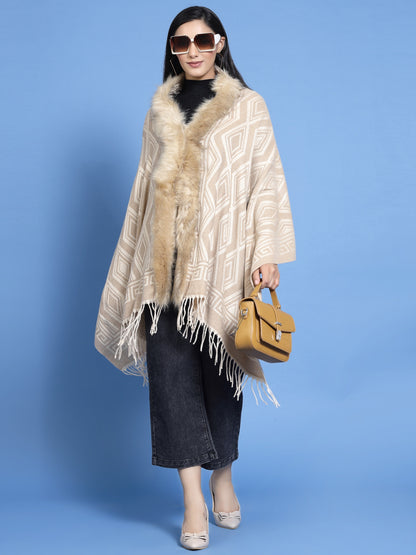 Mafadeny Women Winter Wear Beige Longline Furry Shrug