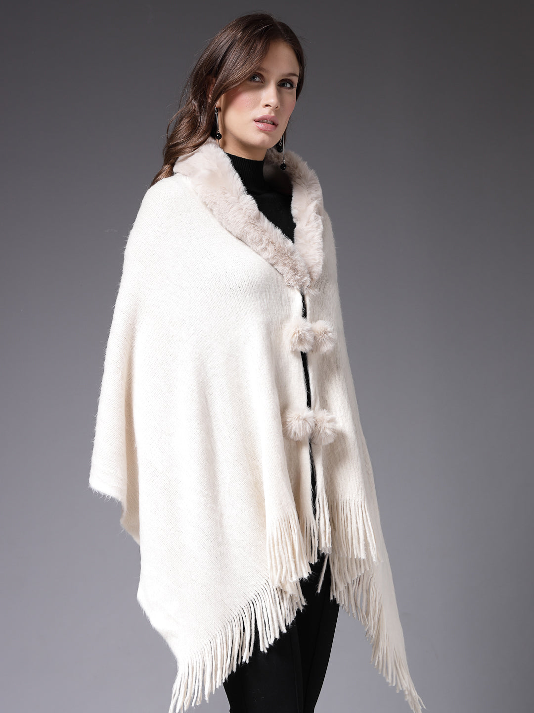 Mafadeny Winterwear Women Off White Stylished & Cosy  Poncho