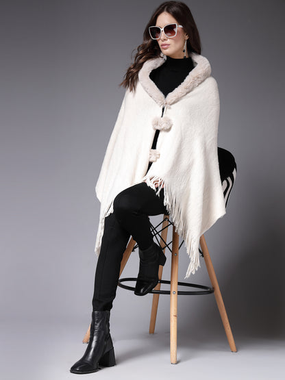 Mafadeny Winterwear Women Off White Stylished & Cosy  Poncho