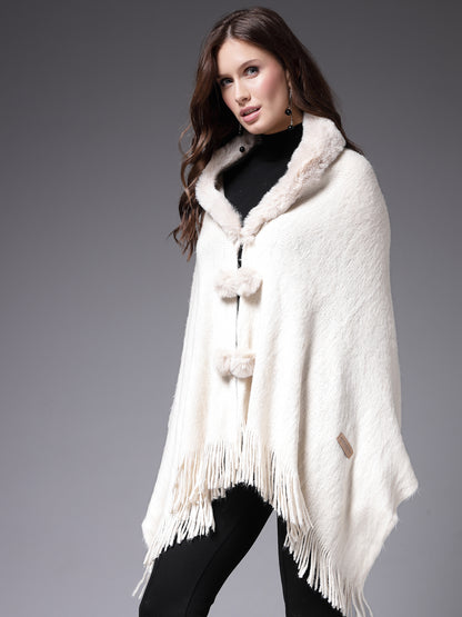 Mafadeny Winterwear Women Off White Stylished & Cosy  Poncho