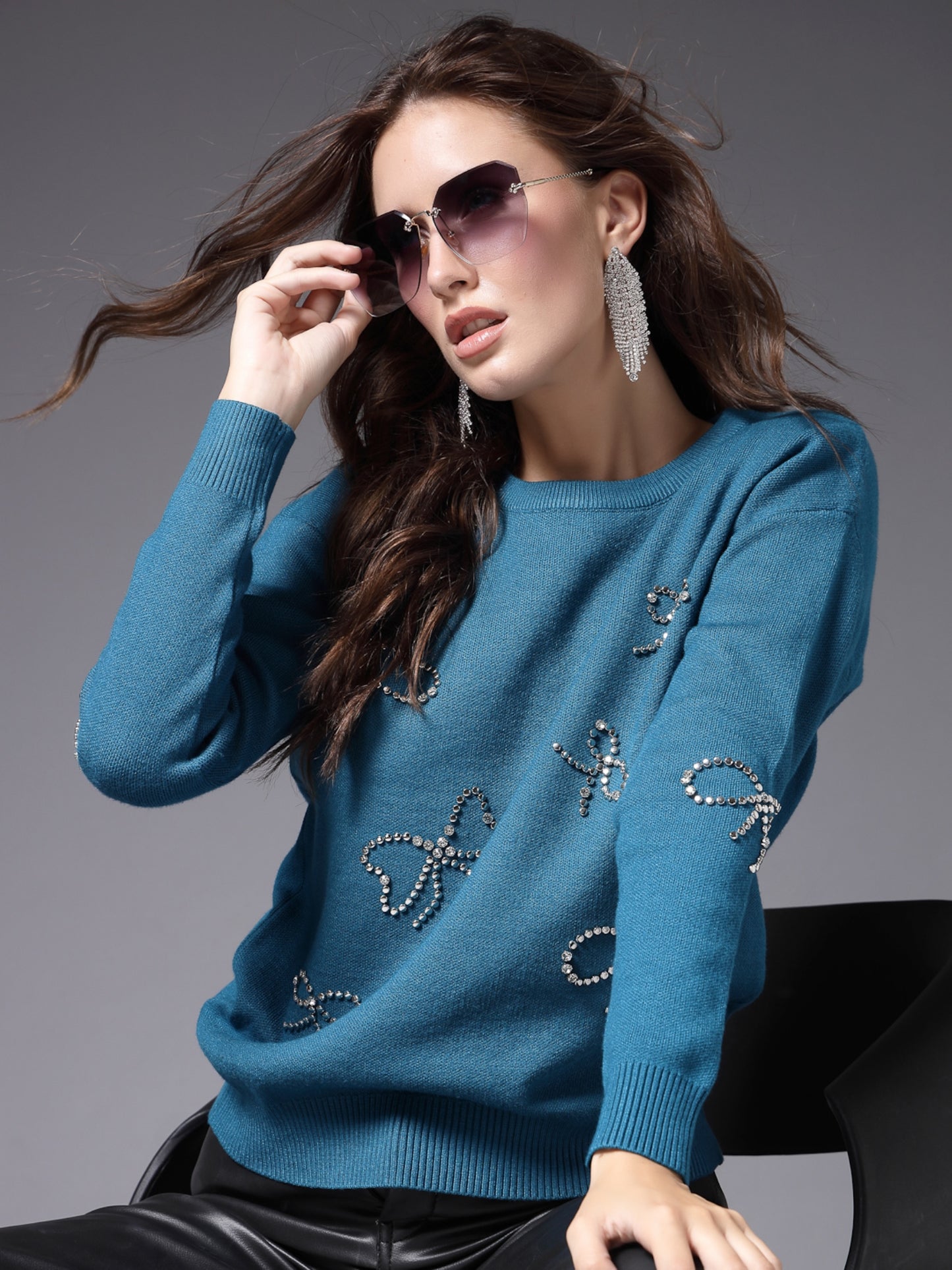 Mafadeny Women Winter Wear Teal Blue Stylished Embellished Top