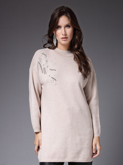 Mafadeny Women Winter Wear Fawn Embroidered Stylished Top