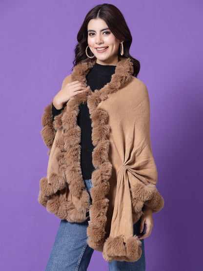 Mafadeny Winterwear Womens  Khaki Fuzzy Longline Poncho