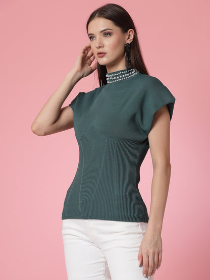 Mafadeny Women Winter Wear Green Embellished & Stylish Tops