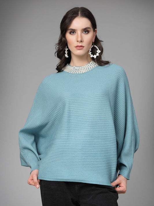 Mafadeny Women Winter Wear Green Pullover with Pearl Detail