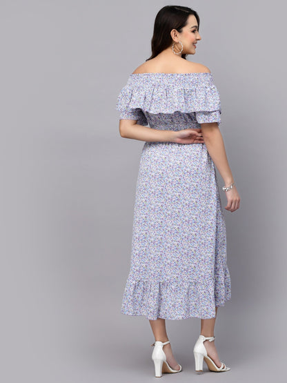 Mafadeny Off-Shoulder Floral Printed Tulip Hem Chiffon Maxi Dress