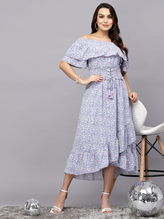 Mafadeny Off-Shoulder Floral Printed Tulip Hem Chiffon Maxi Dress